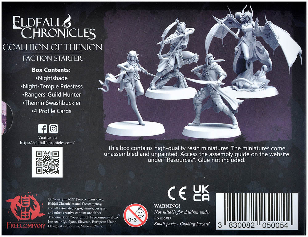 Back of Eldfall Chronicles box: four unpainted fantasy miniatures â€“ winged, archer, dual-wielder, and cloaked figure