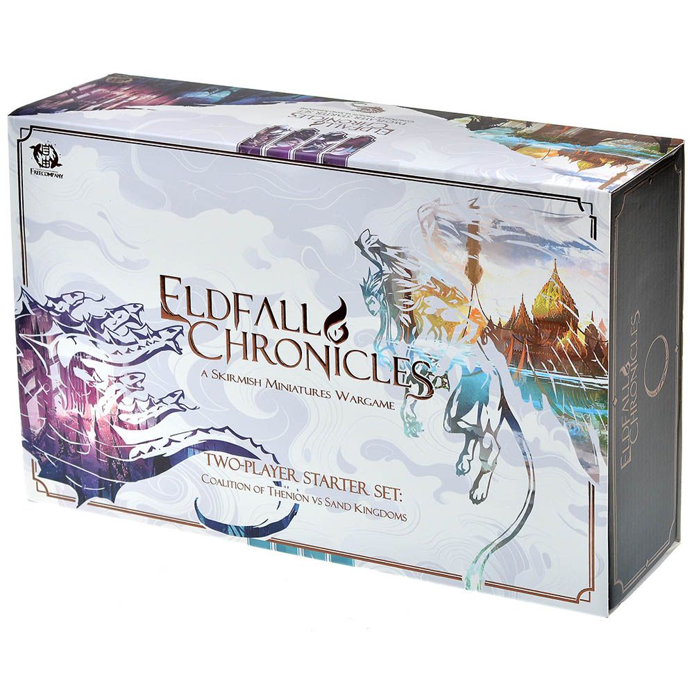 Eldfall Chronicles two-player starter set box for a miniatures wargame, with fantasy art of a dragon and a winged beast