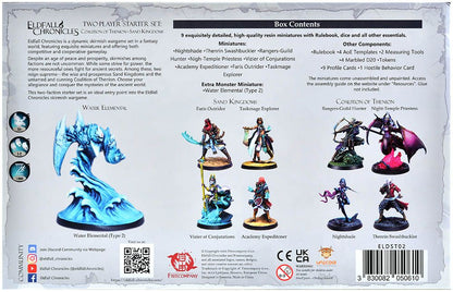 Back of a tabletop wargame box, showcasing detailed fantasy miniatures from the Eldfall Chronicles starter set, including a large blue water elemental