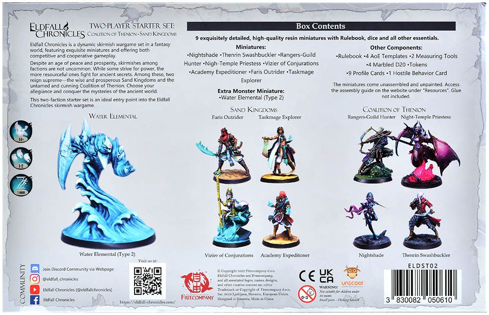 Back of a tabletop wargame box, showcasing detailed fantasy miniatures from the Eldfall Chronicles starter set, including a large blue water elemental