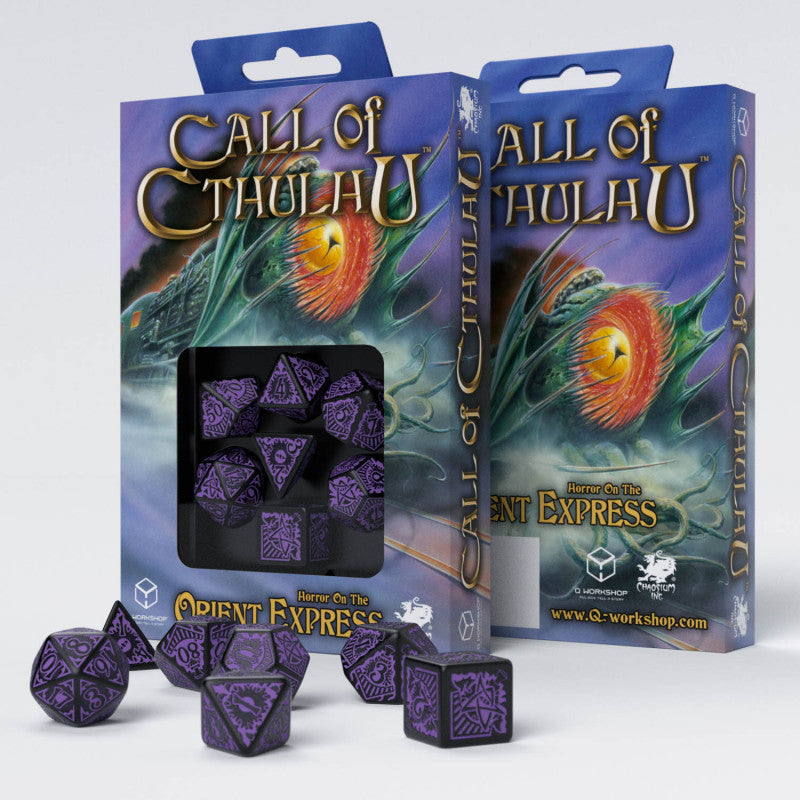 Two Call of Cthulhu Horror On The Orient Express RPG Dice Set boxes are shown, one displaying black and purple dice, with more dice scattered in front