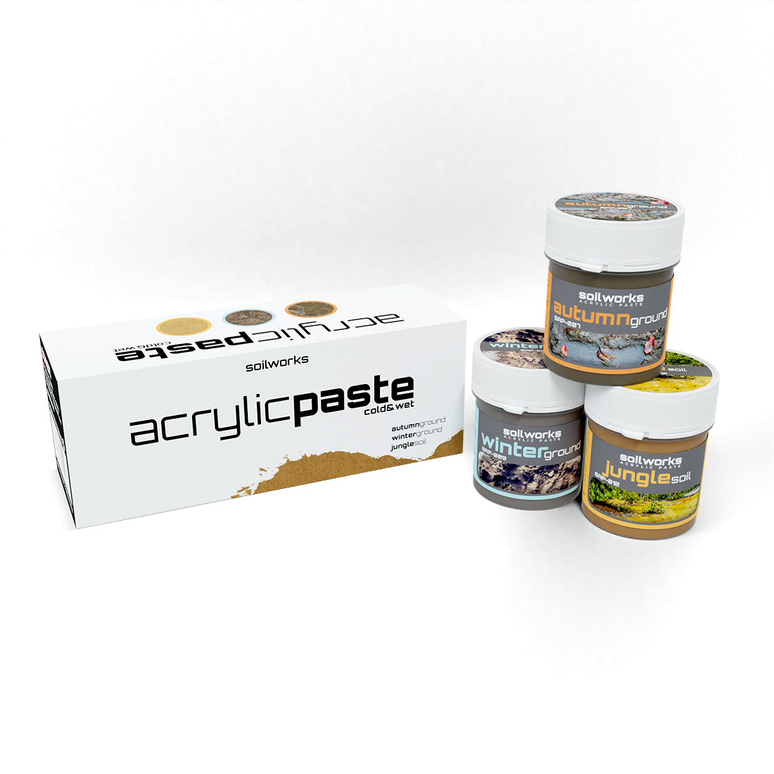 Soilworks acrylic paste box and three jars of 'autumnground,' 'winterground,' and 'junglesoil' textures.