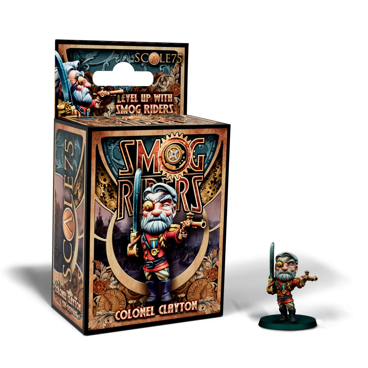 A bearded steampunk miniature, Colonel Clayton, with a sword and pistol, next to its Scale75 Smog Riders box.