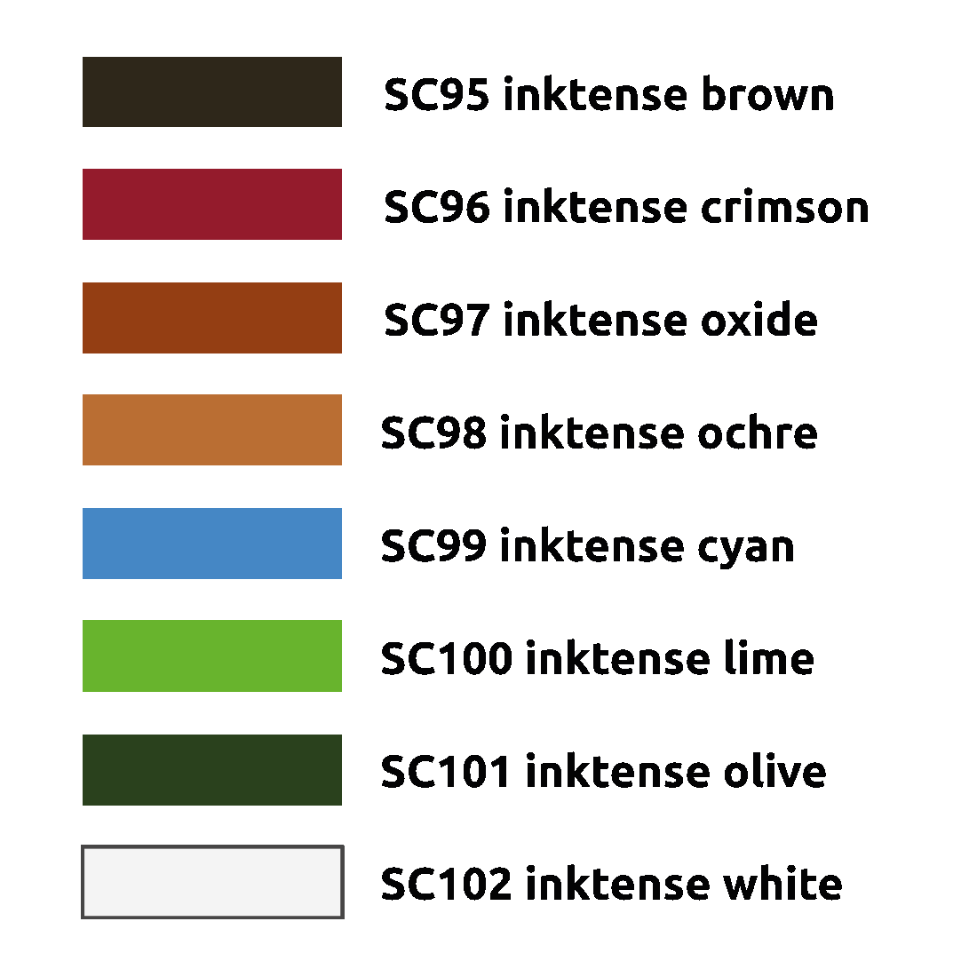 Eight inktense color swatches with codes, showing brown, crimson, oxide, ochre, cyan, lime, olive, and white.