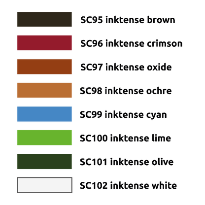 Eight inktense color swatches with codes, showing brown, crimson, oxide, ochre, cyan, lime, olive, and white.