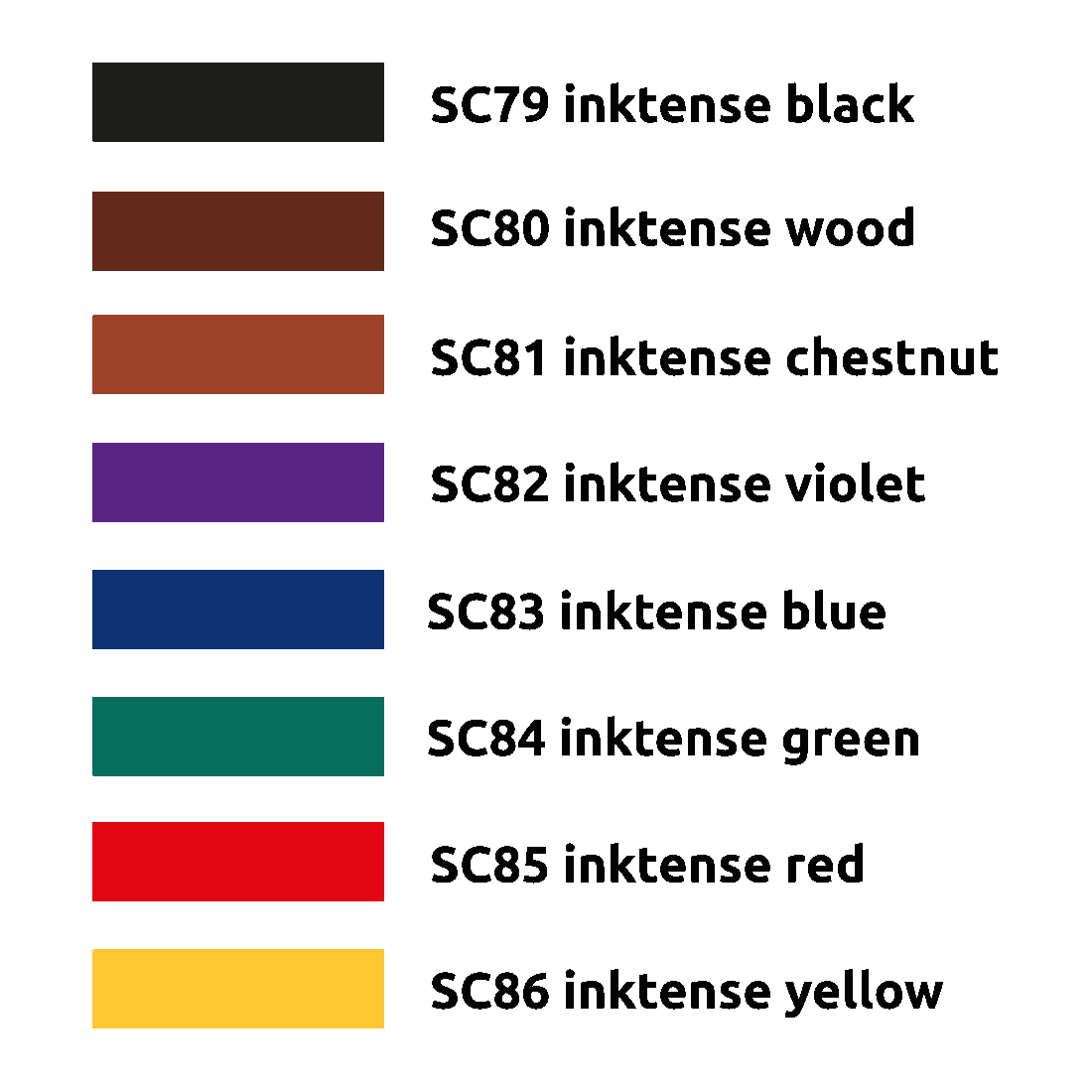 A chart showing eight Inktense color swatches and their labels, from black to yellow.