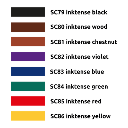 A chart showing eight Inktense color swatches and their labels, from black to yellow.