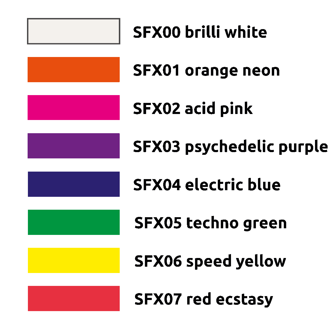 Color chart showing 8 swatches with SFX codes and descriptive names, from white to red.