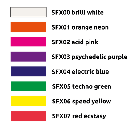 Color chart showing 8 swatches with SFX codes and descriptive names, from white to red.