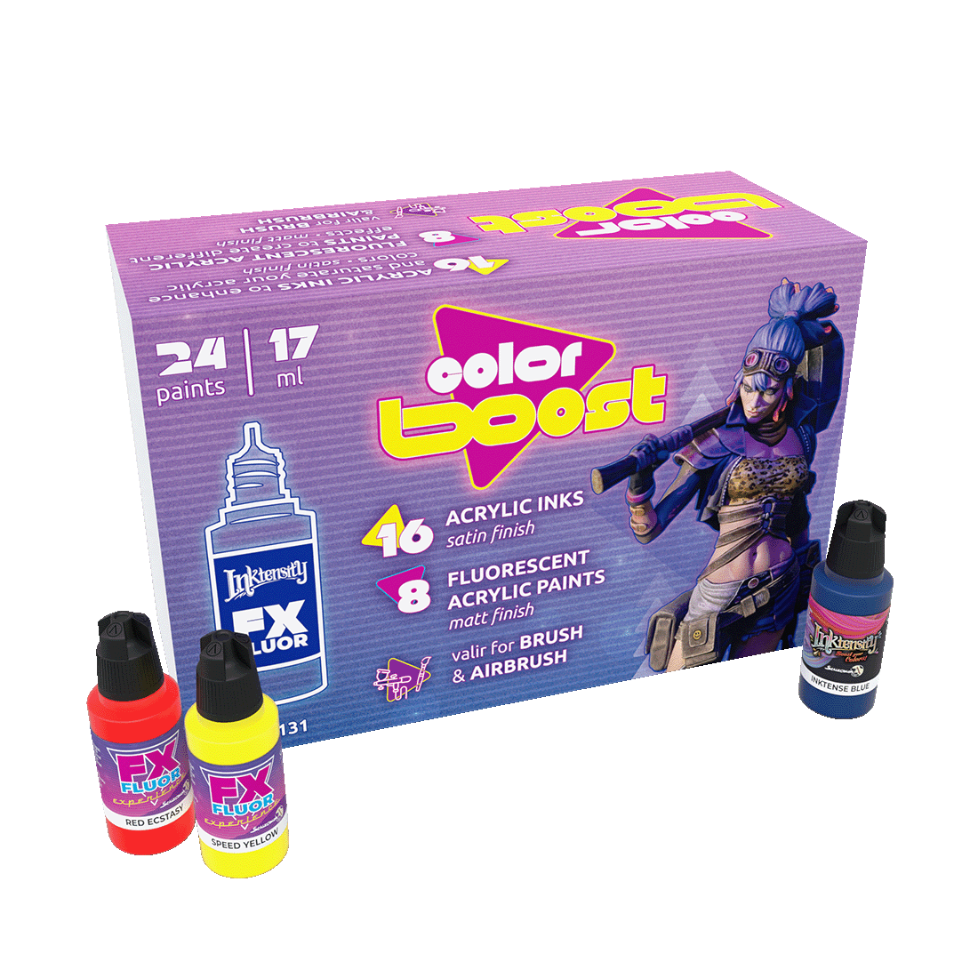 A "Color Boost" acrylic paint set box with a fantasy character, plus three small red, yellow, and blue paint bottles.