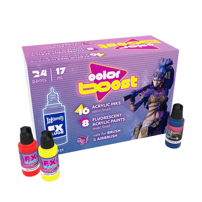 A "Color Boost" acrylic paint set box with a fantasy character, plus three small red, yellow, and blue paint bottles.