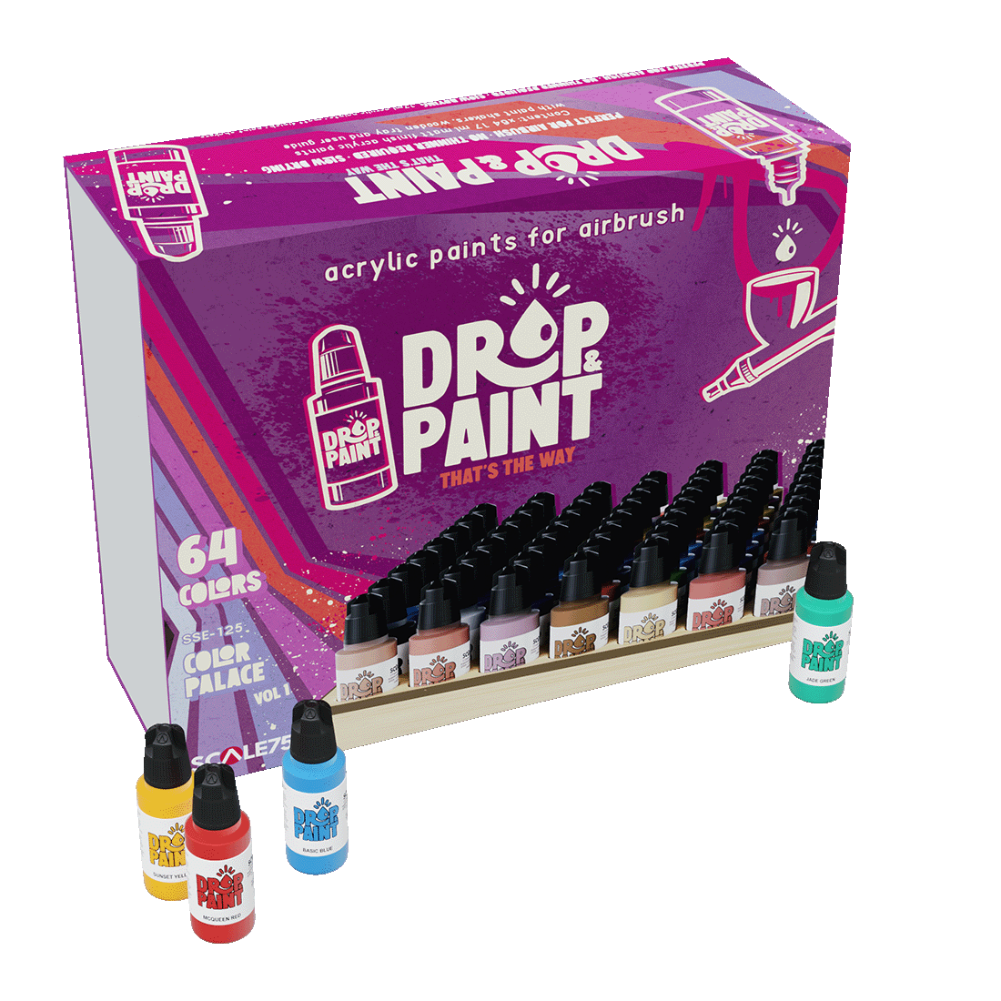 A purple display box for 'Drop & Paint' 64-color acrylic airbrush paints, filled with rows of small paint bottles