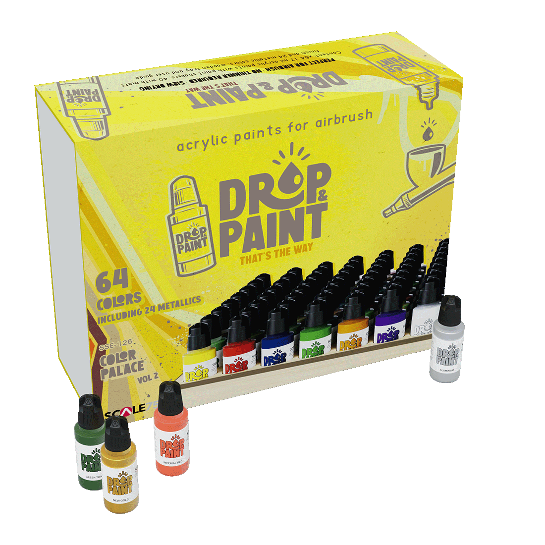 A yellow box containing 64 bottles of Drop & Paint acrylic airbrush paints, displayed in a wooden stand
