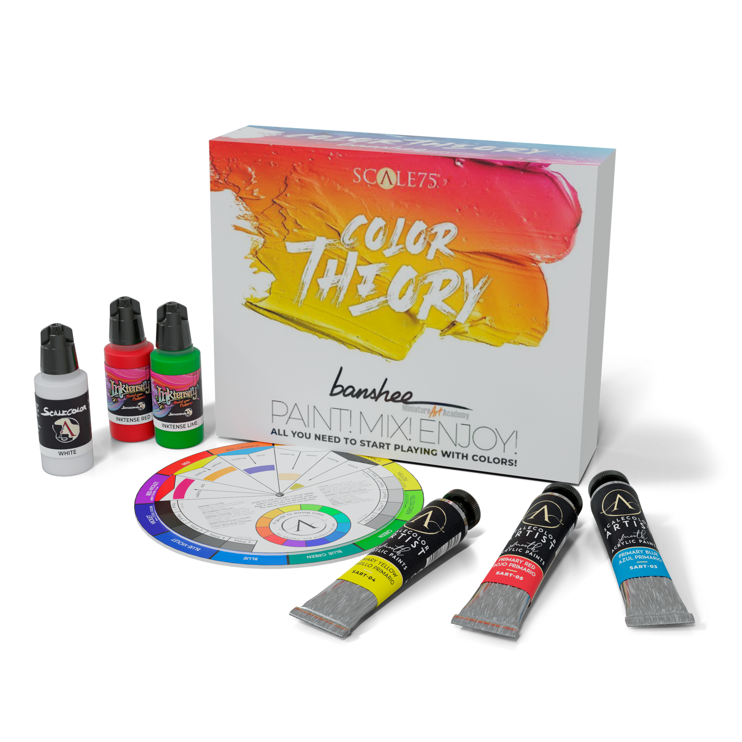 A Scale 75 Color Theory Banshee Paint 18-Piece Set is displayed with its vibrant orange-red gradient box, a color wheel, three dropper bottles, and three paint tubes