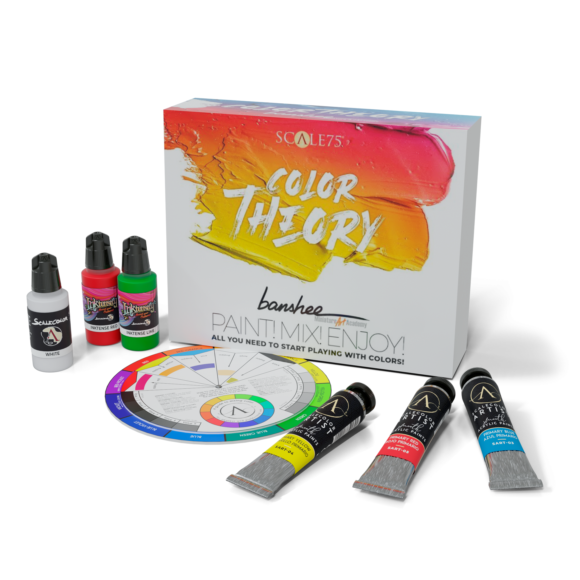 A Scale 75 Color Theory Banshee Paint 18-Piece Set is displayed with its vibrant orange-red gradient box, a color wheel, three dropper bottles, and three paint tubes