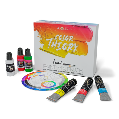 A Scale 75 Color Theory Banshee Paint 18-Piece Set is displayed with its vibrant orange-red gradient box, a color wheel, three dropper bottles, and three paint tubes