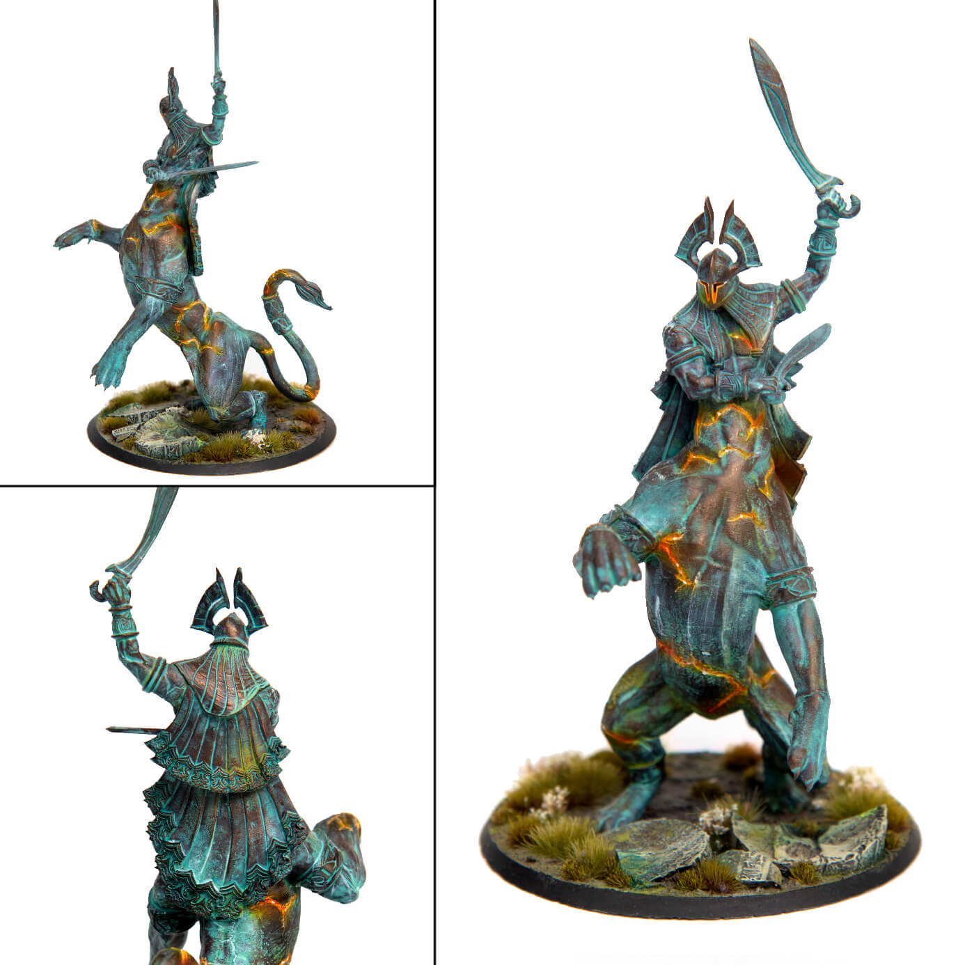 Patina miniature of a warrior raising a sword atop a four-legged, cat-tailed beast, both with glowing orange cracks