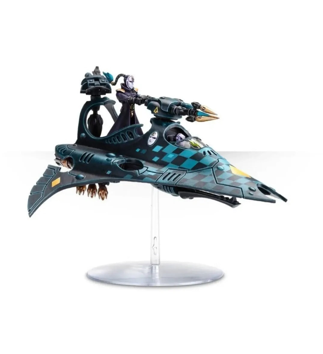 Miniature of an Aeldari skimmer, teal and black checkered hull, flown by a masked Harlequin crew