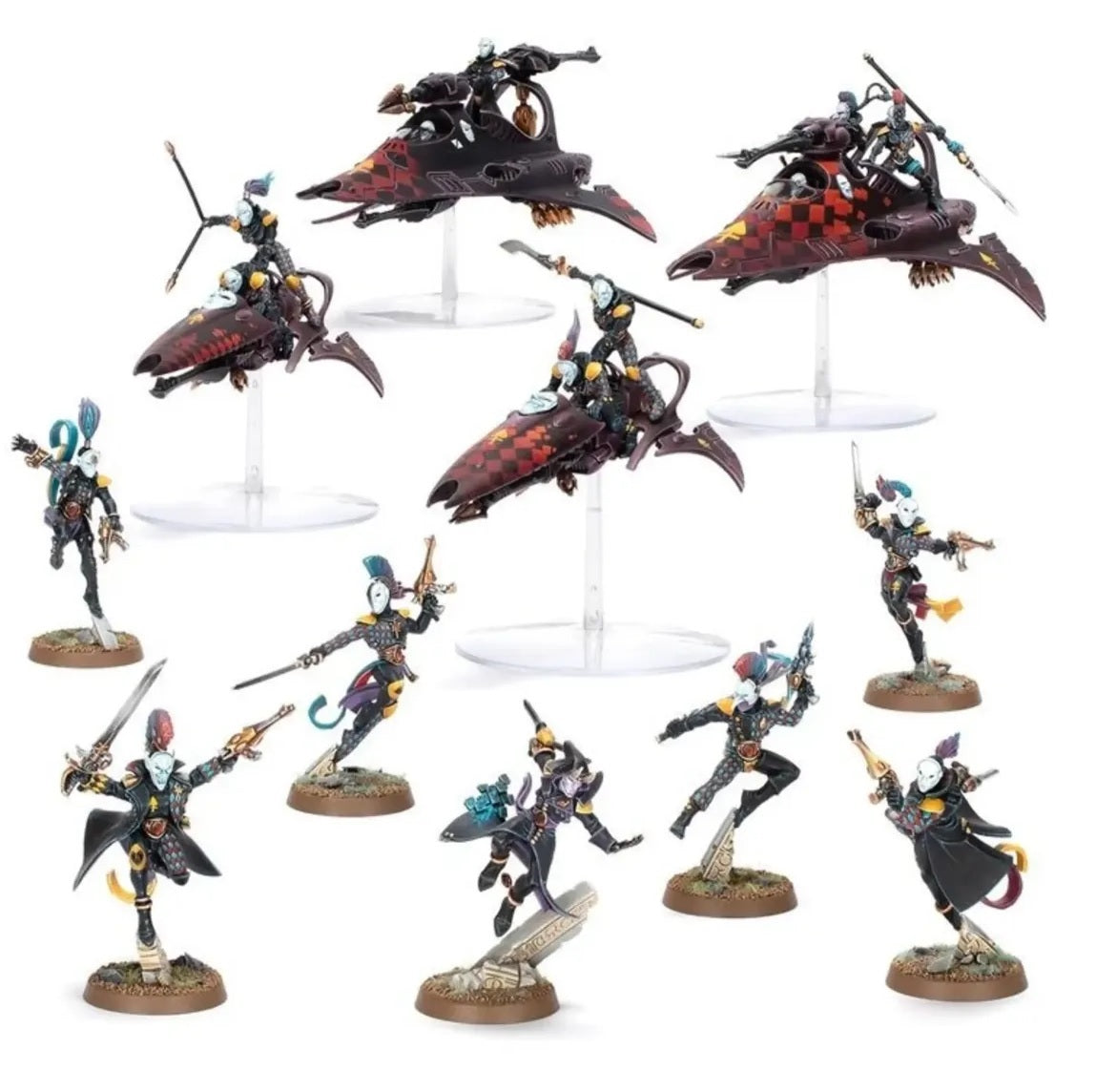 Warhammer 40k Harlequin miniatures set, featuring masked infantry and dark, checkerboard hover vehicles