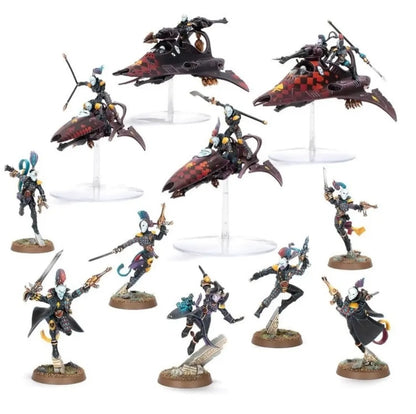 Warhammer 40k Harlequin miniatures set, featuring masked infantry and dark, checkerboard hover vehicles