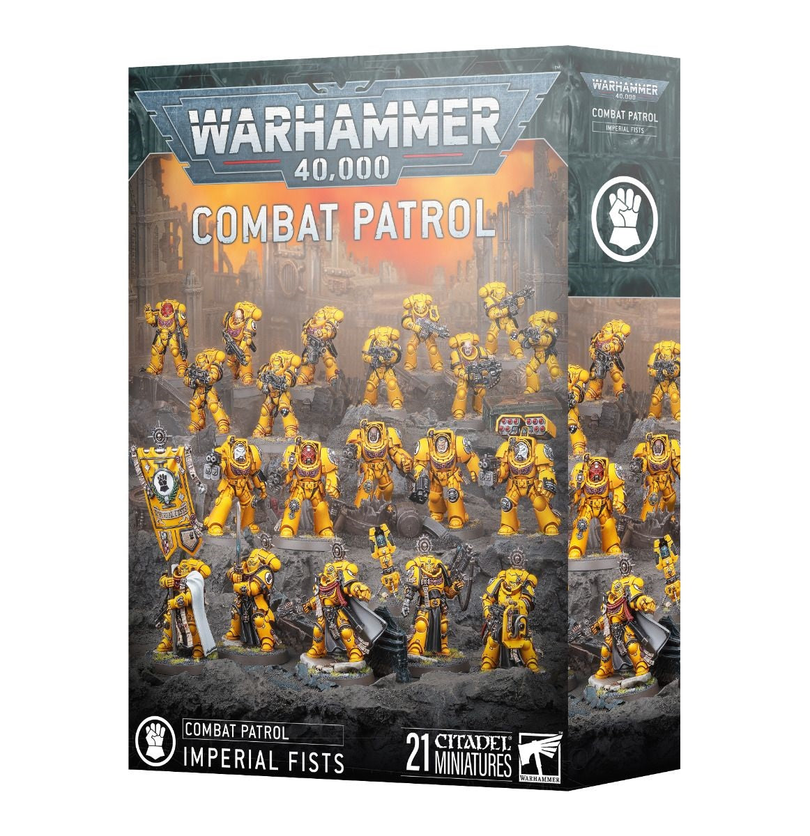 Warhammer 40,000 Combat Patrol: Imperial Fists box set showing yellow Space Marine figures