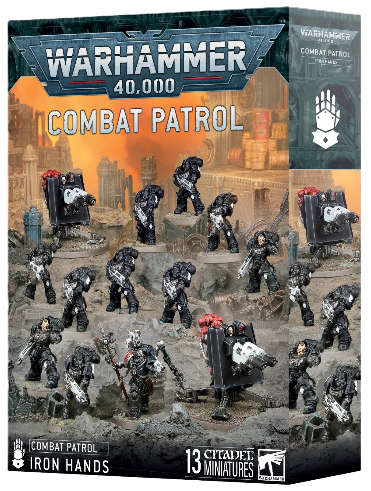 Box art for Warhammer 40K Combat Patrol Iron Hands set showing 13 black Space Marine miniatures and heavy weapons