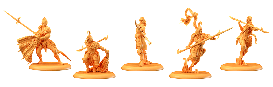 Five orange fantasy warrior miniatures, each with distinct armor and weapons like spears, axes, and a spiked shield or net