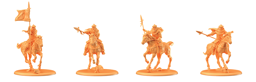 Four orange unpainted tabletop miniature cavalry figures: one with a banner, one with an axe, and two with spears