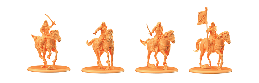 Four orange wargaming miniatures of hooded riders on horseback