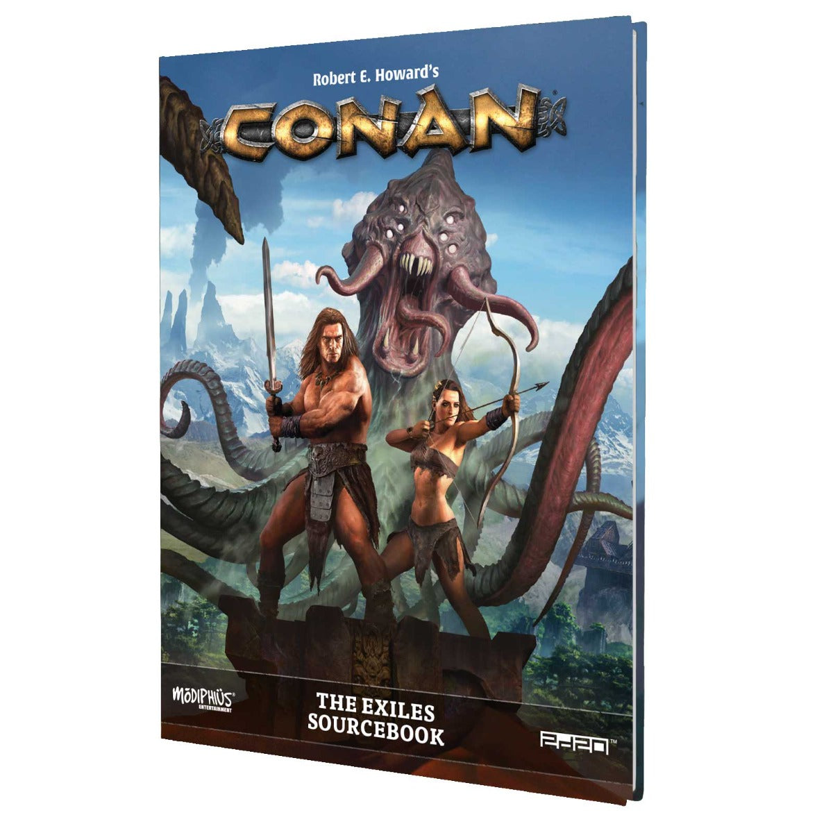 Conan, sword raised, and an archer battle a massive tentacled monster under a blue sky.