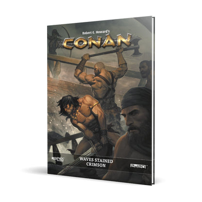 Book cover: Conan: Waves Stained Crimson. Muscular Conan lunges forward with a sword in a chaotic battle.
