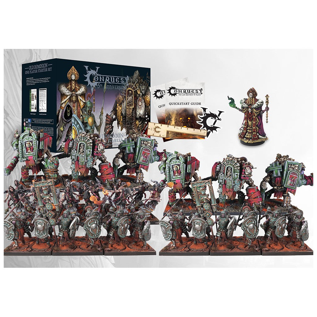 Conquest: Old Dominion starter set box and assembled miniatures, including undead soldiers and four large constructs