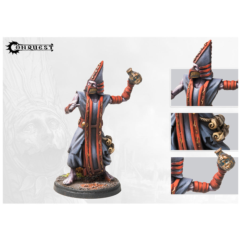 Painted miniature in grey robes and a conical hat, holding up an ornate flask