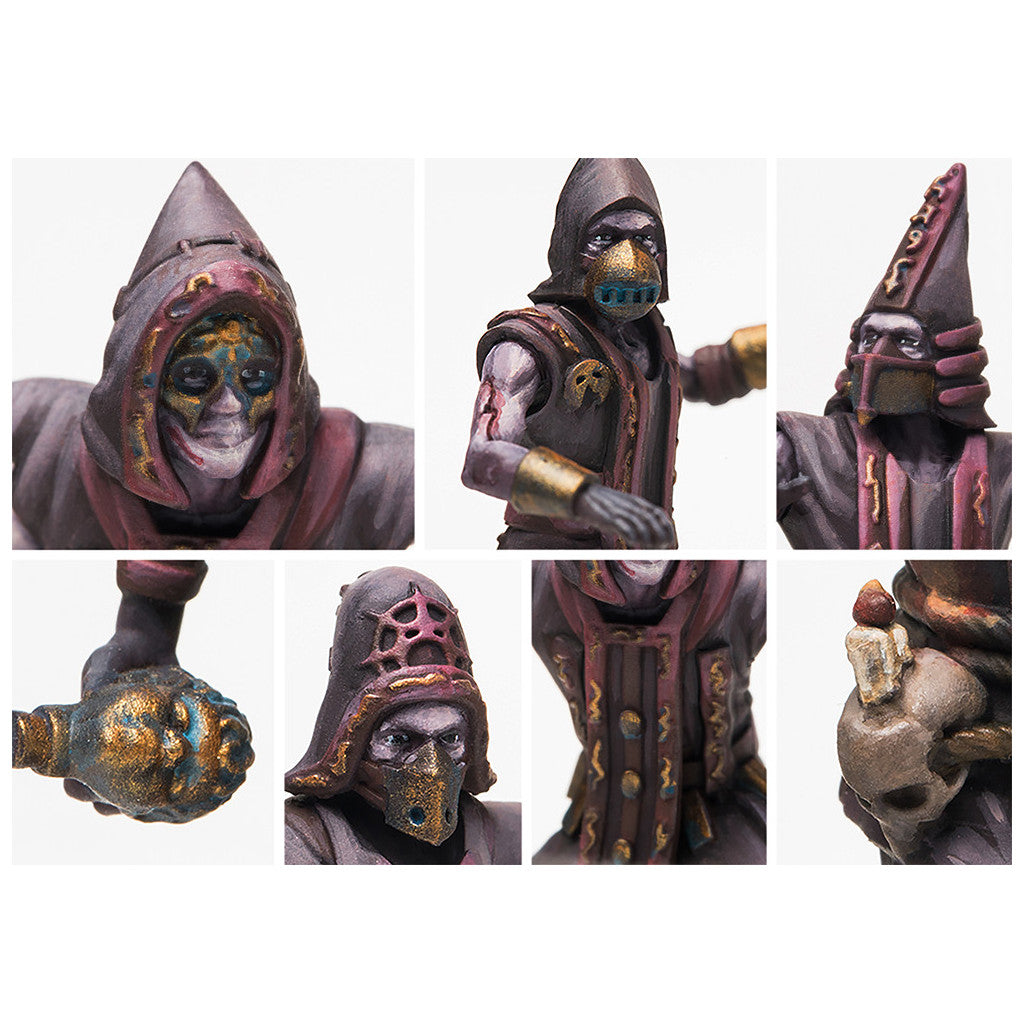 Six close-up details of a hand-painted dark fantasy miniature figure in purple robes and hood/mask