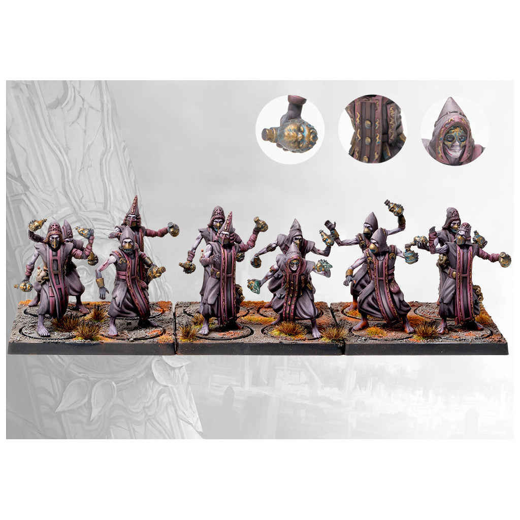 Eight painted tabletop miniatures of multi-armed, hooded cultists in purple robes, standing on detailed bases