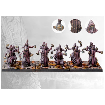 Eight painted tabletop miniatures of multi-armed, hooded cultists in purple robes, standing on detailed bases