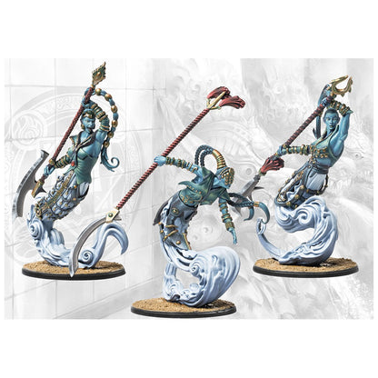 Trio of painted blue female water spirits wielding long polearms, hovering dynamically on sculpted waves