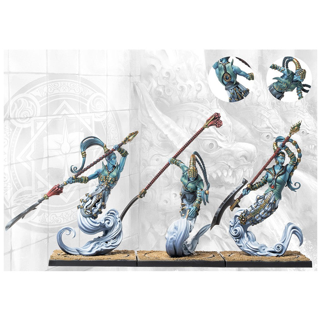 Three painted fantasy miniatures of teal water spirits wielding polearms and rising from swirling waves