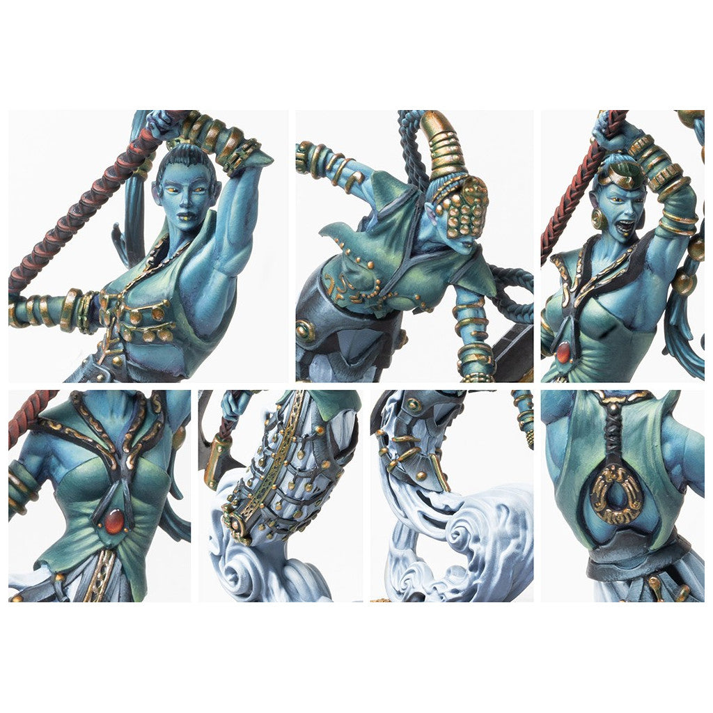 Six detail shots of a finely painted fantasy miniature: a blue-skinned warrior in teal armor, posed on a cloud base