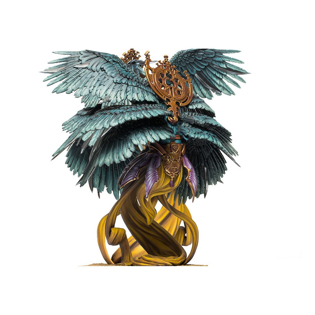 Miniature figure with teal tiered wings, a golden emblem, and a swirling yellow base