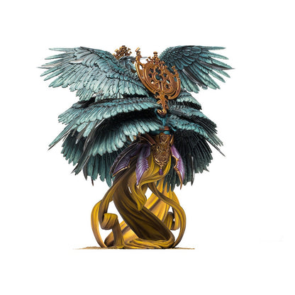 Miniature figure with teal tiered wings, a golden emblem, and a swirling yellow base