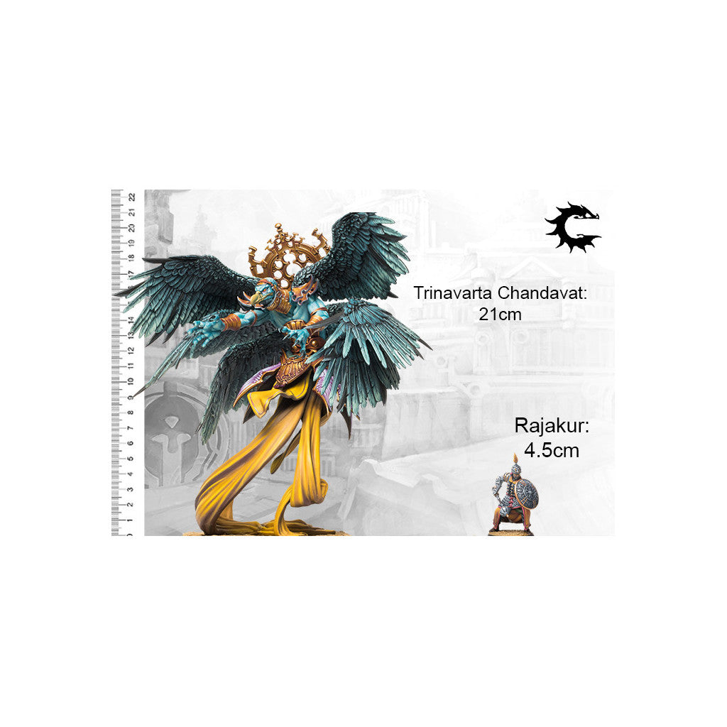 Scale comparison of two miniatures: the 21cm Trinavarta Chandavat (winged figure) and the 4.5cm Rajakur warrior