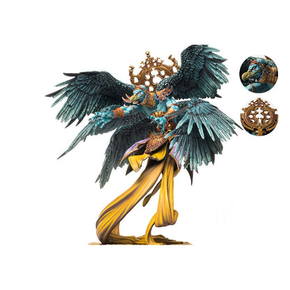 Blue-skinned, four-winged avian daemon miniature with a golden halo and flowing yellow drapery