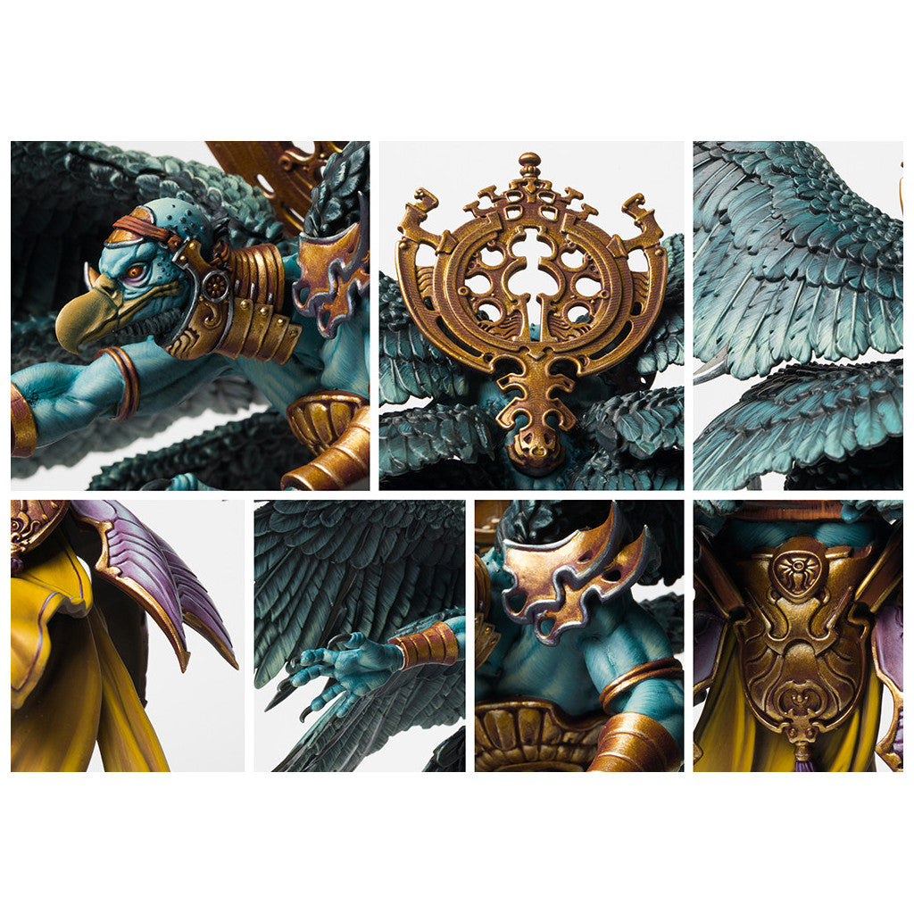 Six close-up detail photos of a blue, bird-headed miniature figure with feathered wings and gold armor