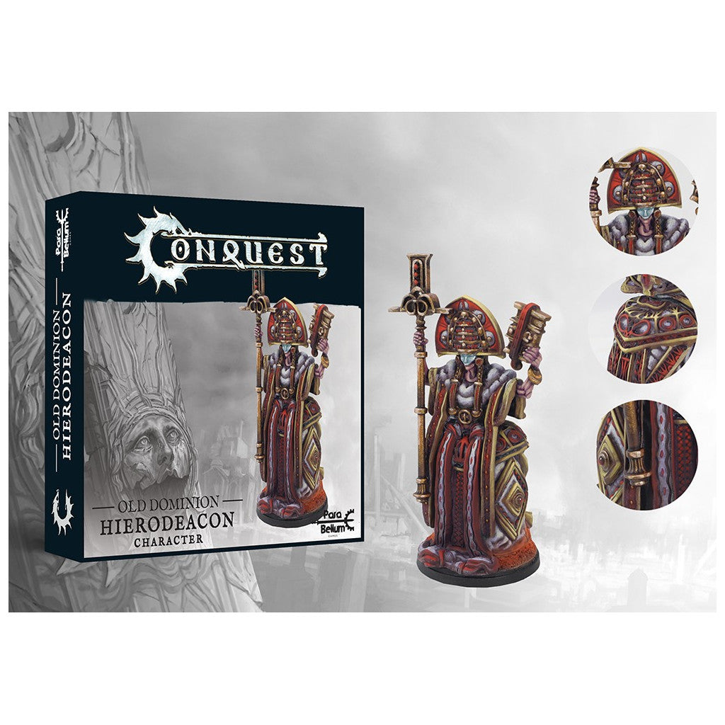 Painted miniature of the Conquest Old Dominion Hierodeacon character, next to its game box