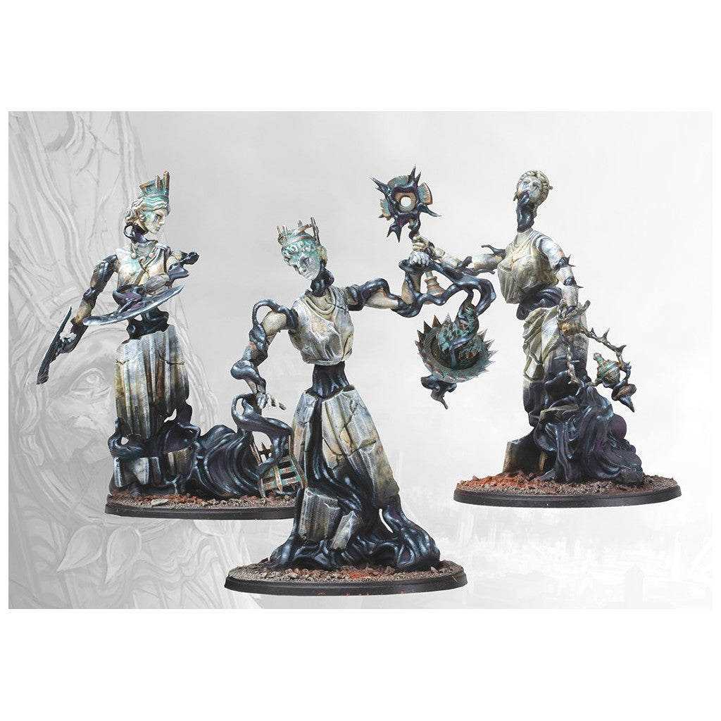 Three painted miniatures of corrupted female statues with black tendrils holding weapons