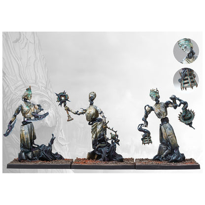 Three fantasy miniatures of eroded female statues with mechanical limbs, wielding weapons and scales