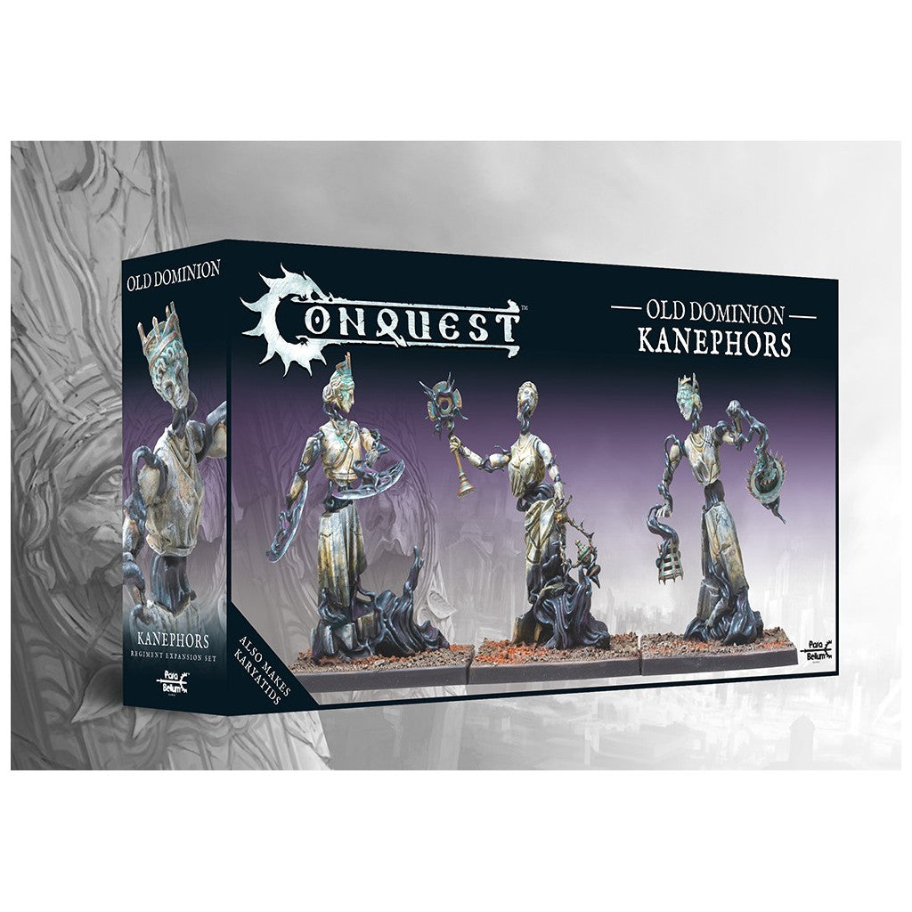 Conquest: Old Dominion Kanephors miniature set box, displaying three painted statue-like undead figures