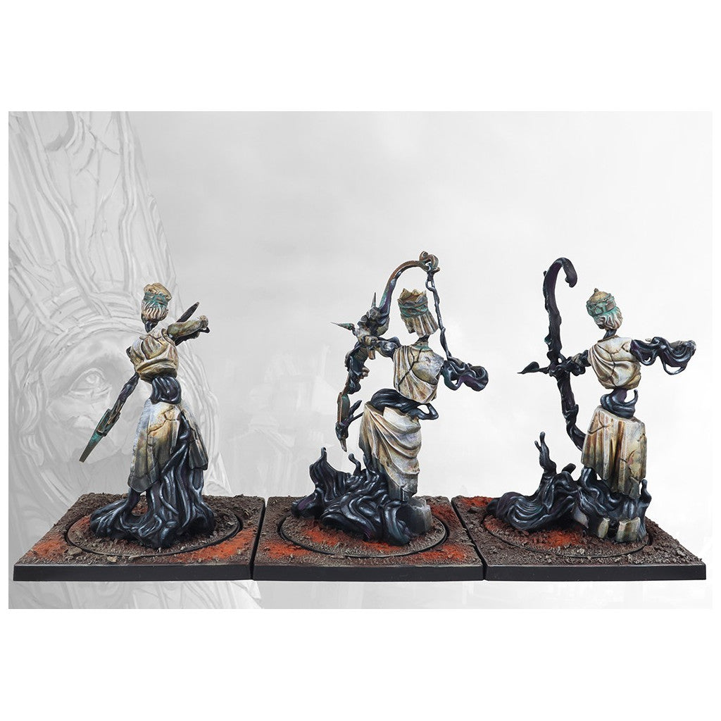 Three fragmented statue miniatures in robes, emerging from dark smoke, armed with bows and a sword