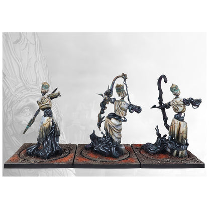 Three fragmented statue miniatures in robes, emerging from dark smoke, armed with bows and a sword